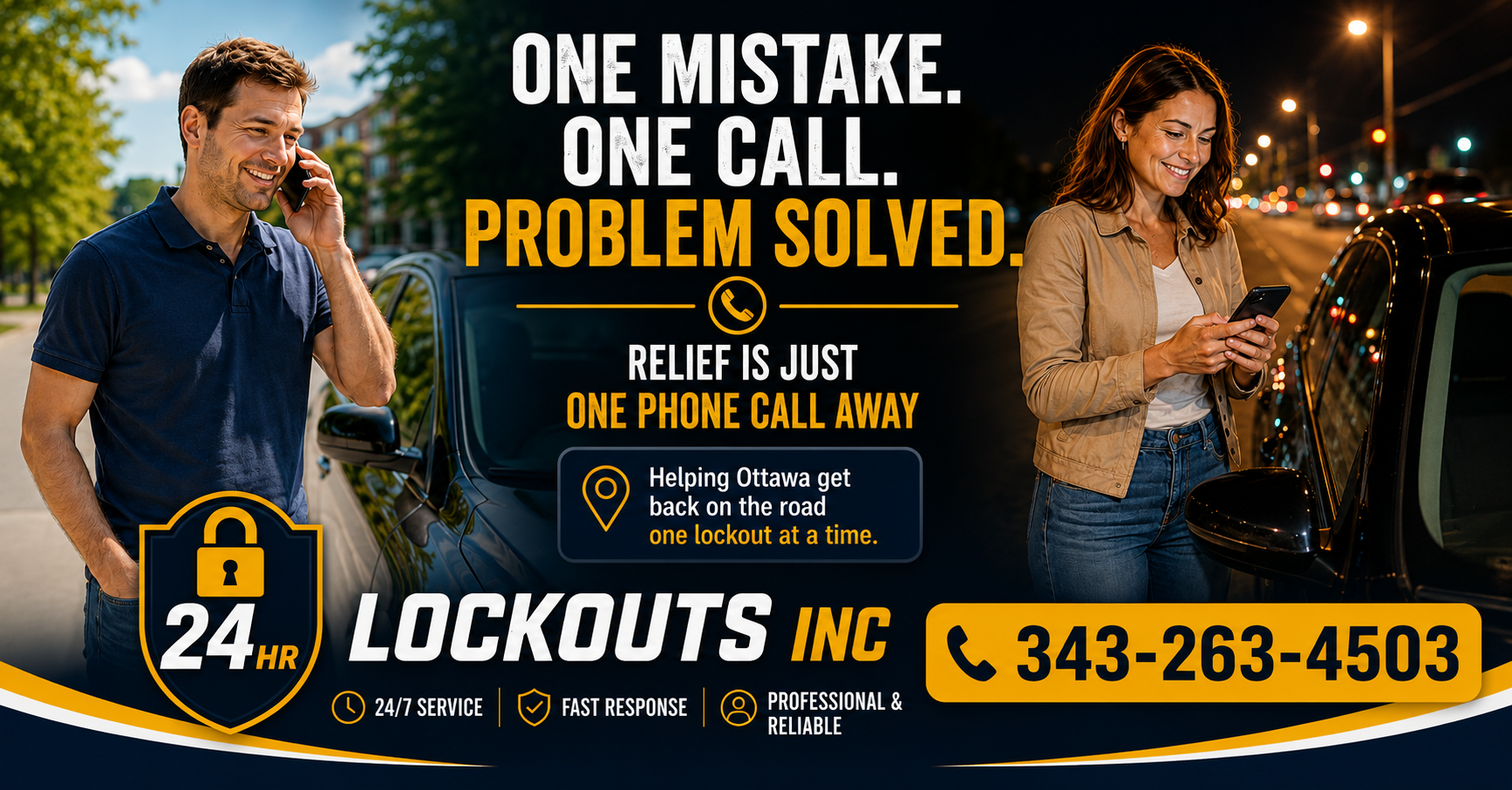 Professional locksmith from 24 Hr Lockouts Inc helping customers who have accidentally locked their keys inside their vehicle. Fast, damage-free emergency vehicle unlocking service available throughout Ottawa, Kanata, Barrhaven, Nepean, Orléans, Gloucester, Stittsville, Riverside South, Westboro, and surrounding communities.